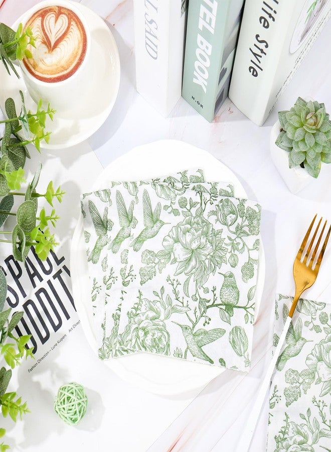 JarThenaAMCS مناديل ورقية للاستخدام مرة واحدة من JarThenaAMCS، 50 قطعة، مزينة بنقوش زهور وطيور، باللونين الأخضر والأبيض، مثالية للمشروبات والحفلات المنزلية. - Image 4